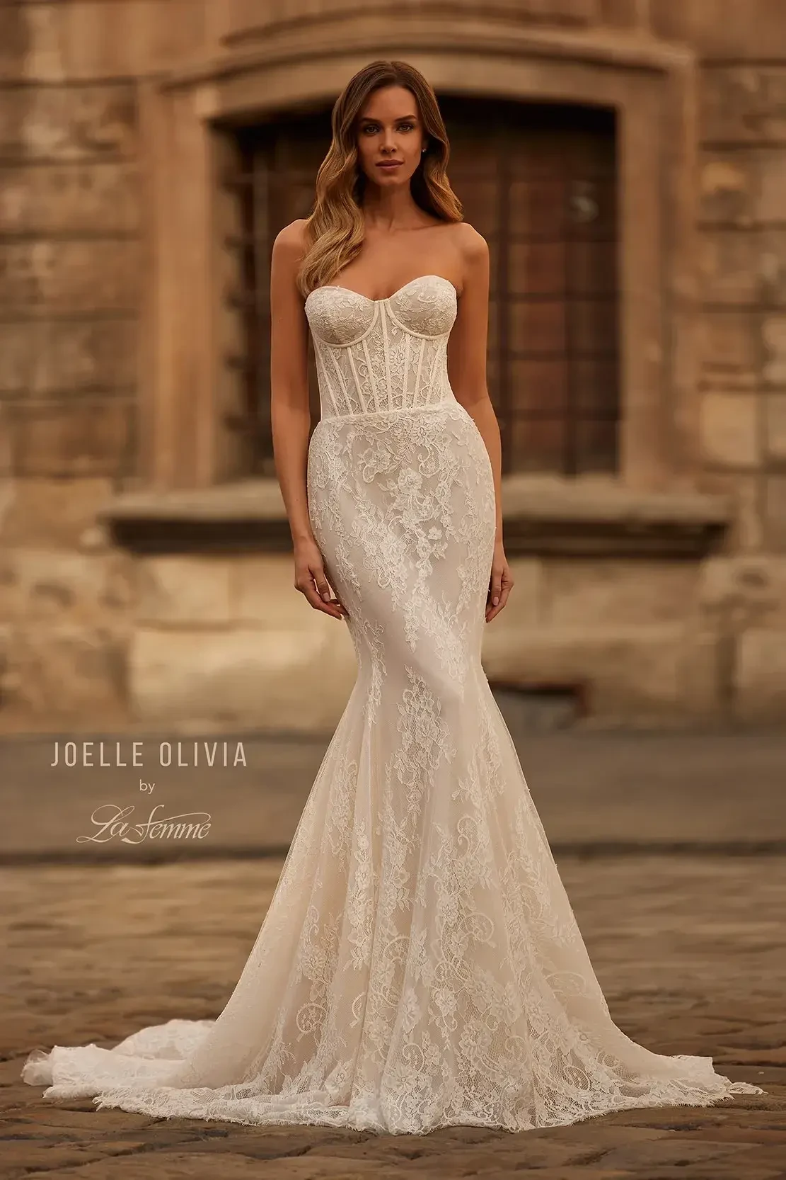 Model is wearing a strapless fit and flare lace wedding dress with a corset bodice