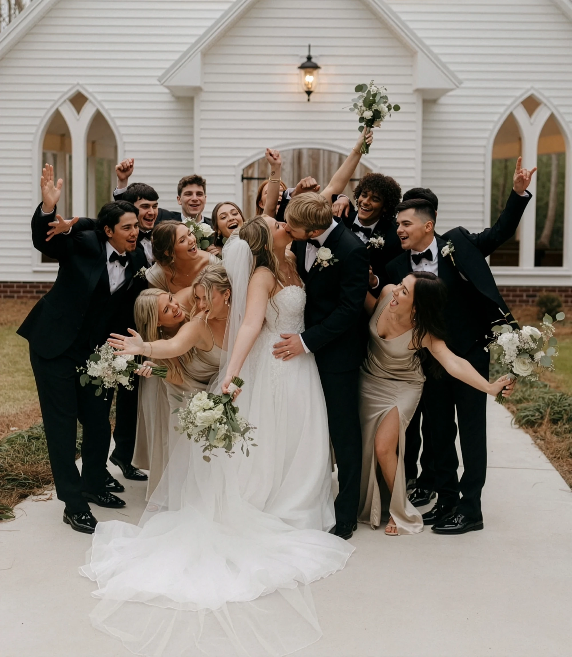 Bride and groom kiss in front of a white chapel, surrounded by cheering bridesmaids in champagne dresses and groomsmen in black tuxedos.
