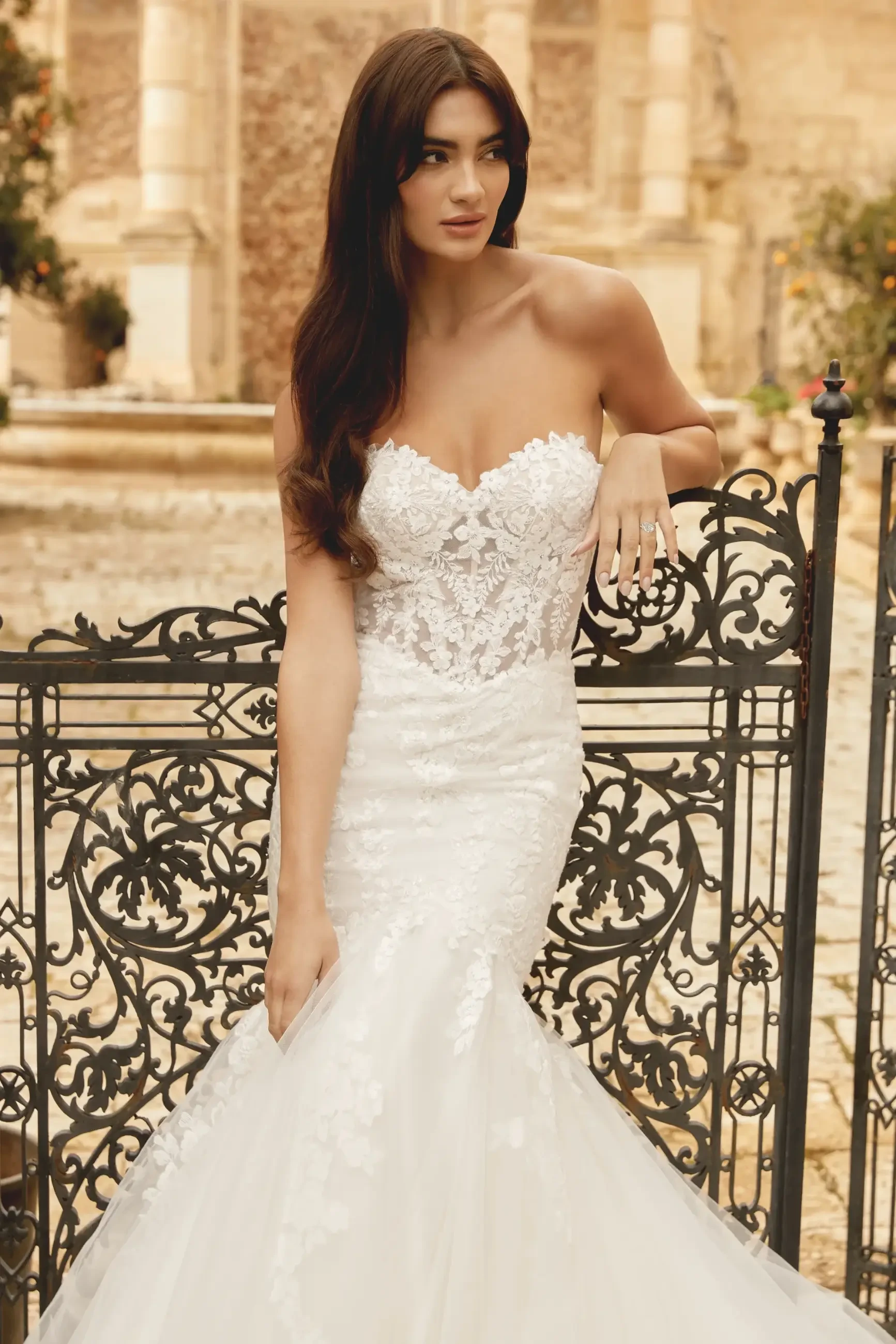 Model is wearing a strapless mermaid lace wedding dress